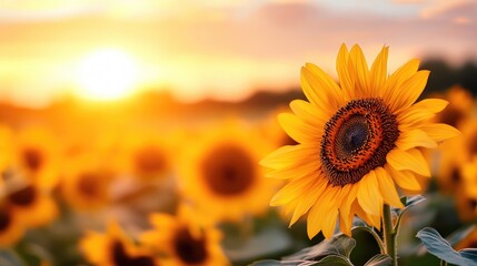 Obraz premium A field of giant sunflowers waving in a gentle breeze under a golden sunset