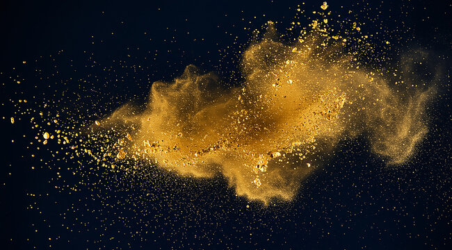 A luxurious golden powder explosion spreading across a deep black backdrop