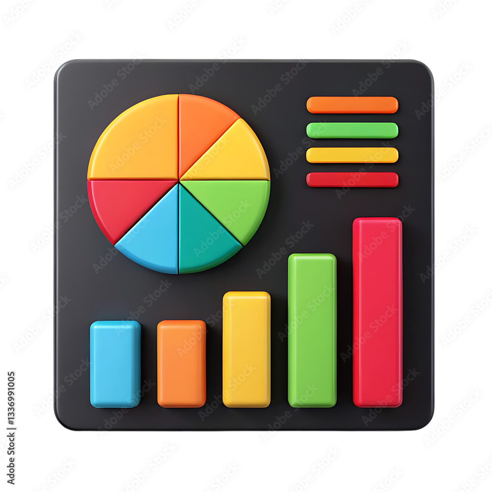 Poster colorful data charts and graphs on a dark background.