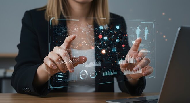 Businesswoman Analyzing Complex Data Using Interactive Transparent Screen