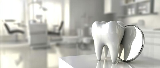 Dental Clinic Banner with 3D Tooth Model and Dentist Mirror on Blur Background: Copy Space Included