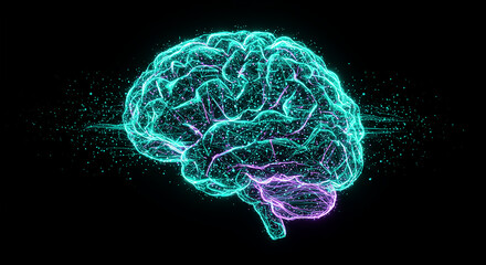 A wireframe human brain made of luminous circuits and data streams, floating in a futuristic dark space