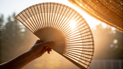 hand holds decorative fan against warm summer breeze, illuminated by soft sunlight filtering through trees