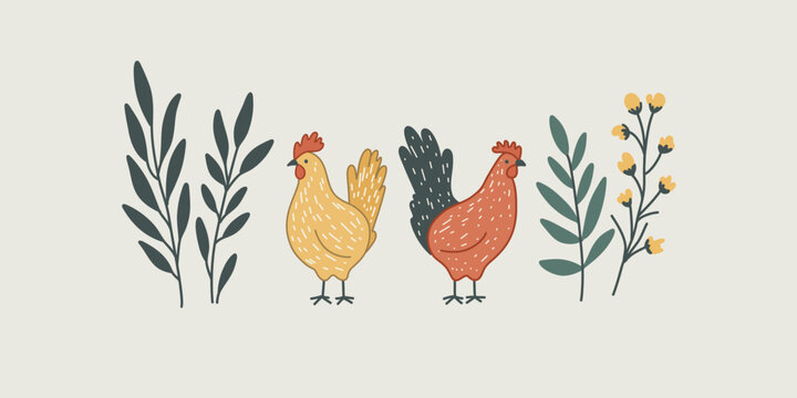 bright and playful chickens, flat graphic style