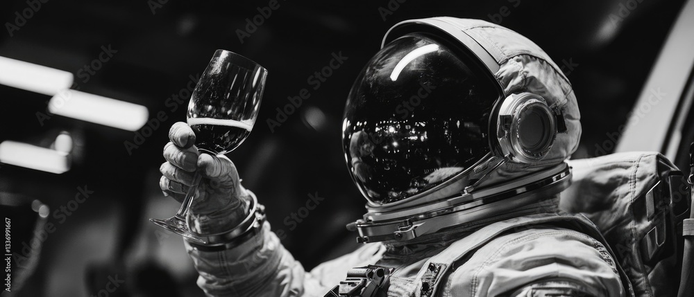 Poster astronaut enjoying wine in space suit, versatile image for various purposes