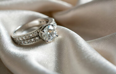 Elegant diamond engagement ring resting on luxurious satin fabric, showcasing intricate design and brilliant sparkle for romantic occasions and celebrations