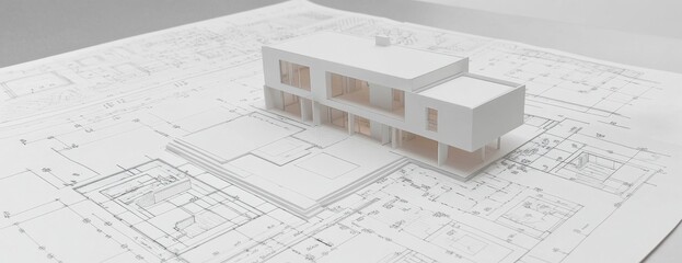 Residential Building Architectural Design Model on Blueprint | 3D Rendering