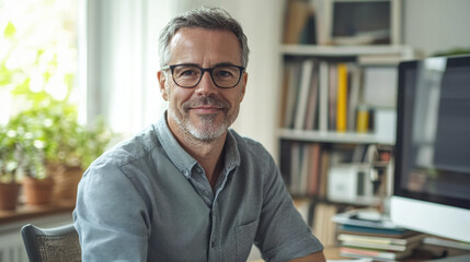 Obraz premium Friendly man in his 50s with glasses, in a casual shirt, sitting at a desk with a monitor and books in a bright home office space