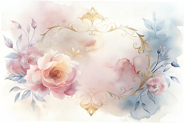 Beautiful watercolor floral arrangement with pink roses and elegant golden accents in a soft pastel textured background, perfect for decoration and design use.