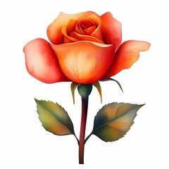 Vibrant orange rose with lush green leaves.