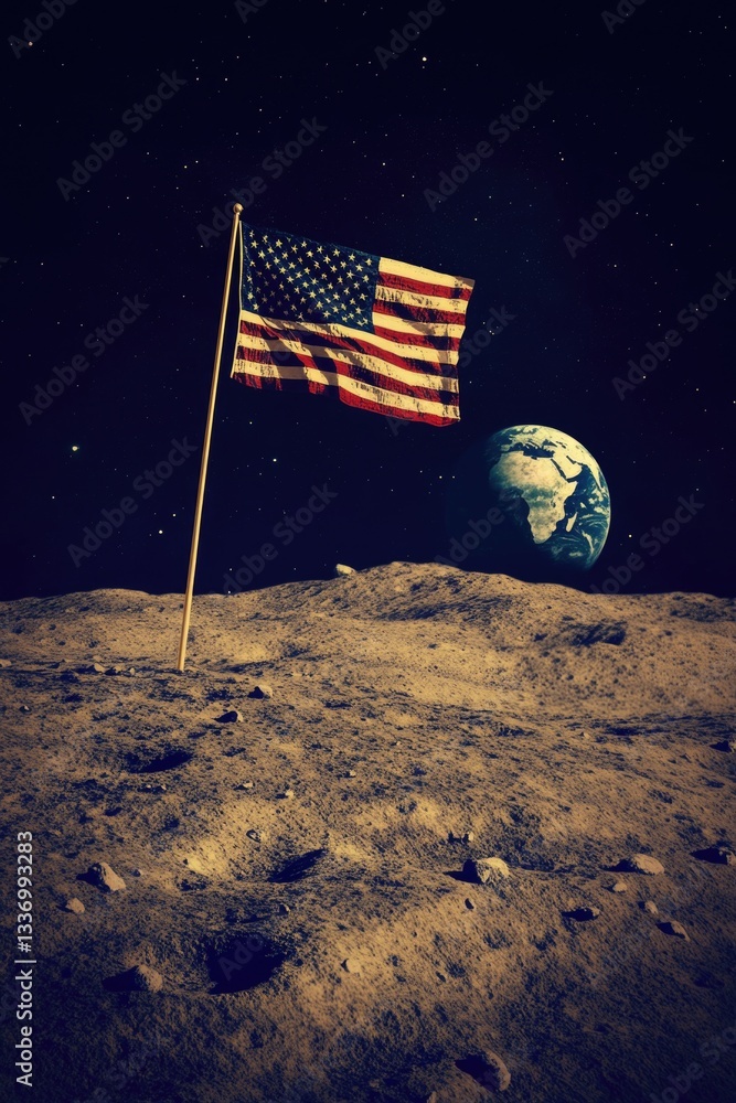 Poster space-themed image of the american flag planted on the moon, with the earth visible in the backgroun
