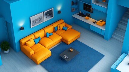 Modern Apartment Living Room Design With Orange Sofa