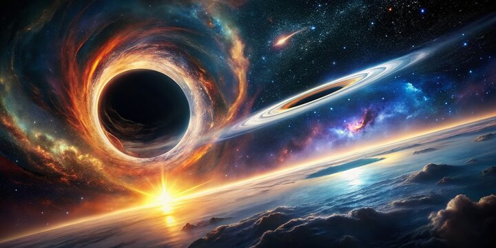 Cosmic Devourer: Black Hole Consumes Spaceship - Dramatic Bokeh Stock Photo
