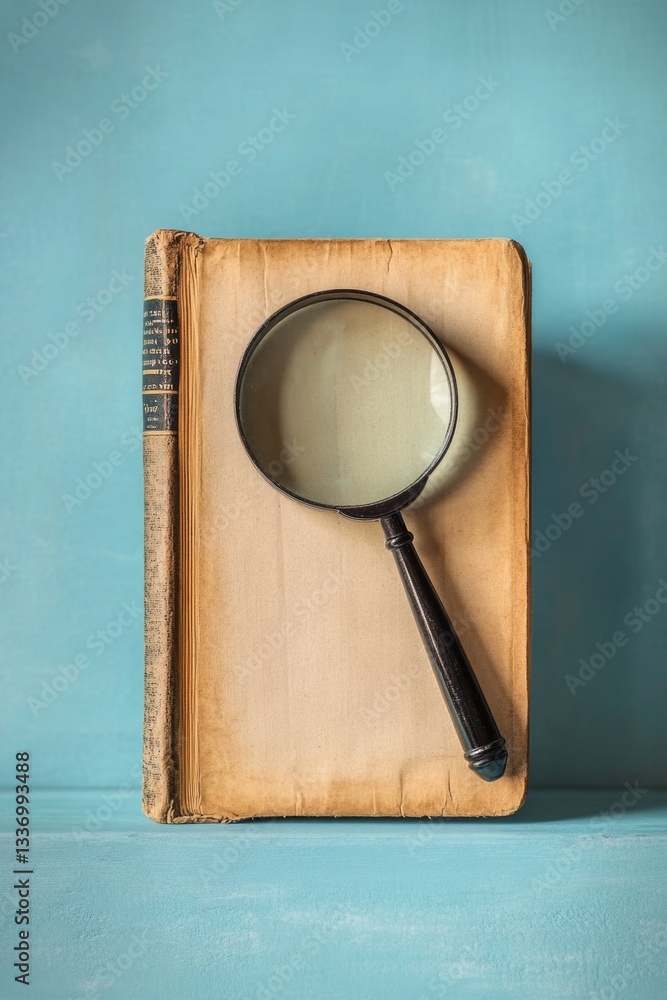 Poster A close-up shot of a magnifying glass placed on top of an open book, highlighting the importance of learning and knowledge