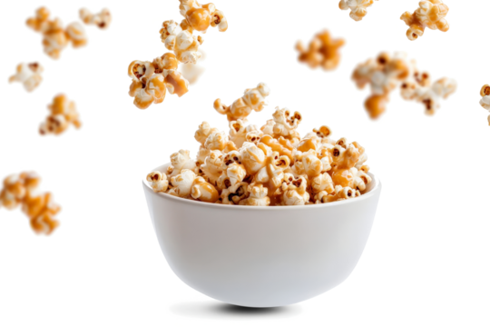 popcorn falling from a bowl cutout image and isolated on transparent background 