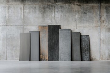 Concrete wall backdrop showcasing diverse, vertically-oriented rectangular slabs in varying shades of gray, brown, and black