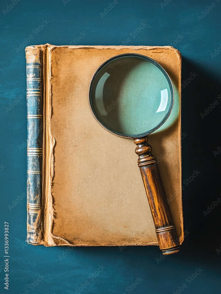Poster a close-up shot of a magnifying glass resting on top of an open book, ideal for illustrations about 