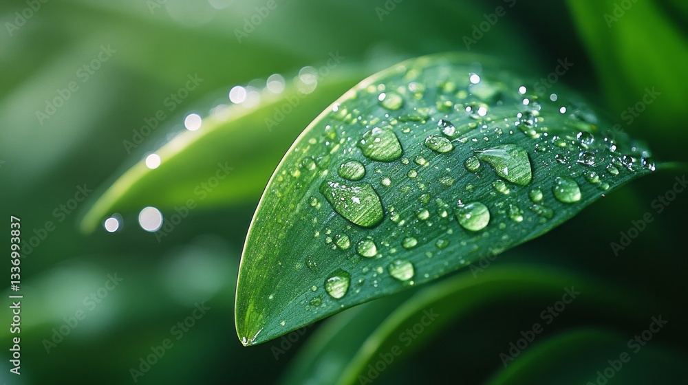 Poster delicate water drops adorn the lush green surface of a tulip leaf, reflecting light and adding an en