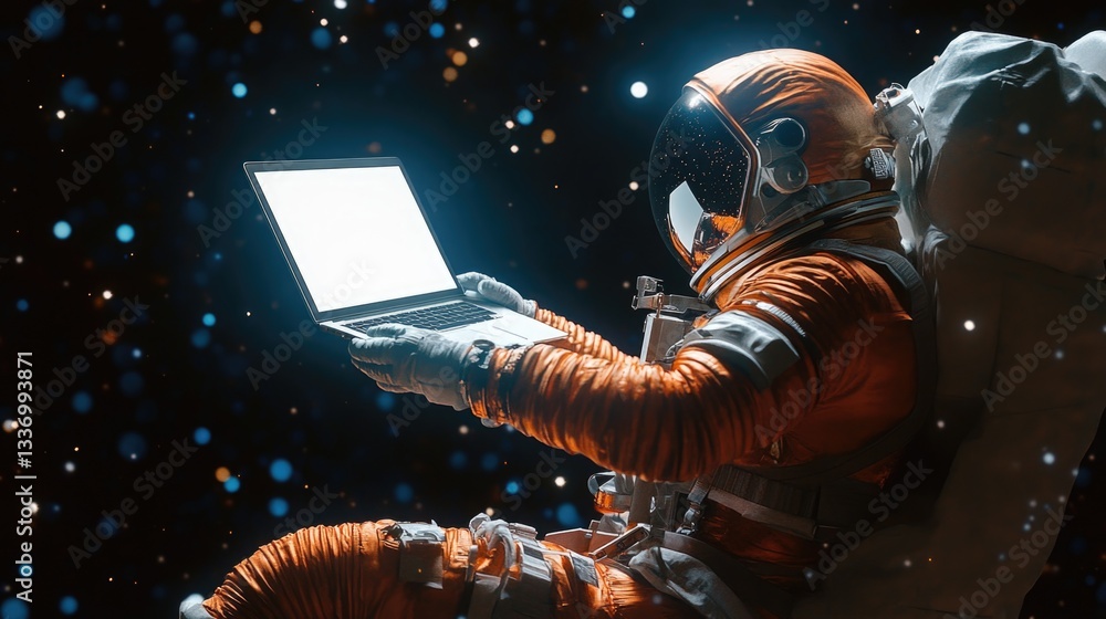 Poster Astronaut working on computer in space suit