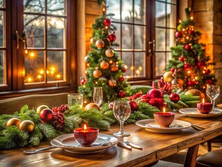 Cozy Christmas Dinner Table Setting with Pine & Baubles - Festive Home Decor Stock Photo