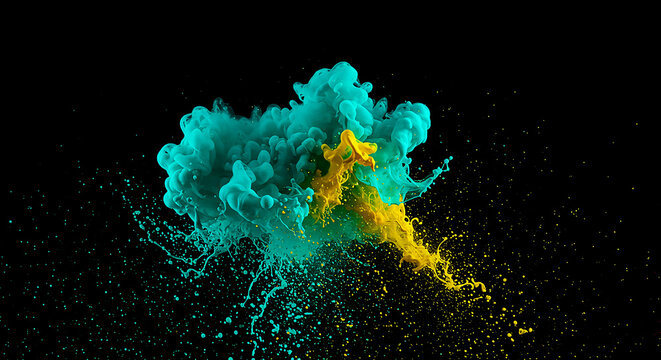 A vibrant turquoise and yellow dry paint collision forming a cloud on a black backdrop