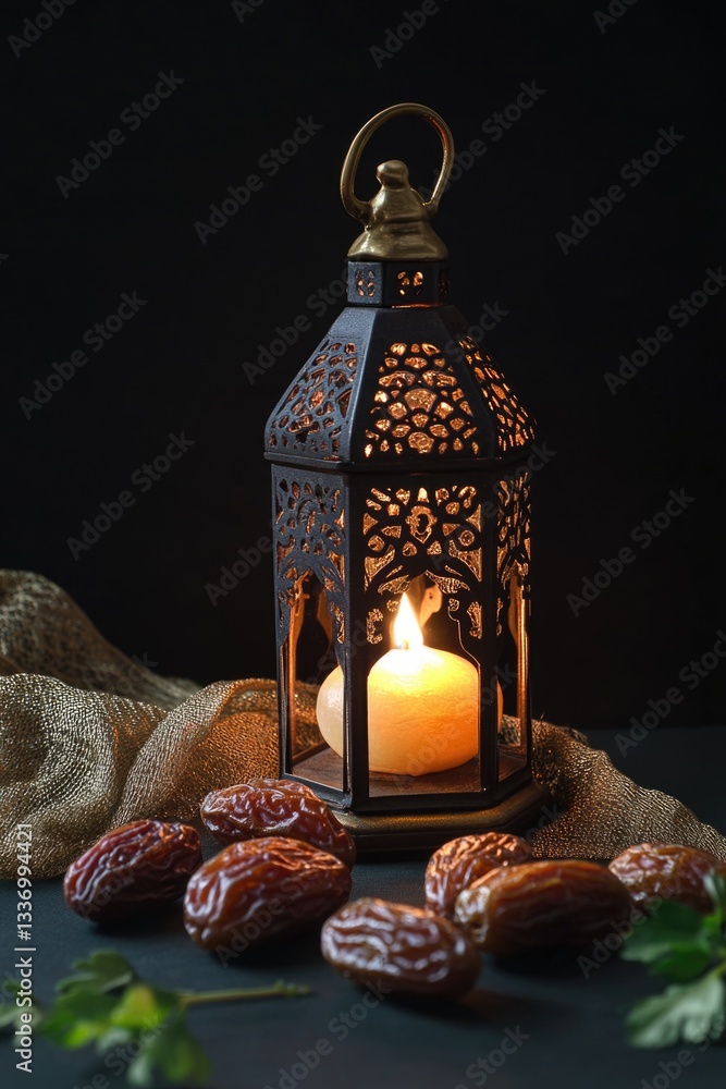 Poster a warm glow from a lit candle illuminates a table setting with dates, perfect for a romantic dinner 