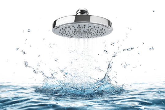 a shower head with water splashing out cutout image and isolated on transparent background 