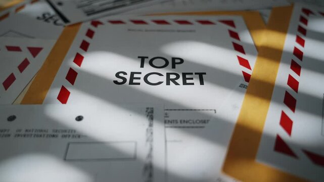 Close up of file folder with Top Secret label and other classified materials. Old retro looking envelope or manila with sensitive government information and surveillance reports in dark office room