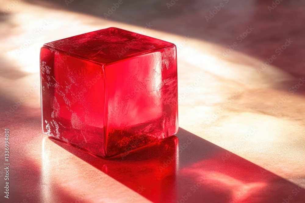 Poster a single red ice cube sits on top of a table, isolated and spotlighted
