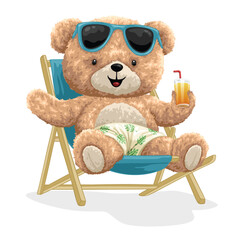 Adorable bear relaxing on a beach chair with sunglasses and a cold drink 