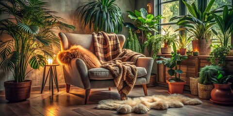 Obraz premium Cozy Home Interior: Long Exposure of Armchair, Indoor Plants & Plaid Throw
