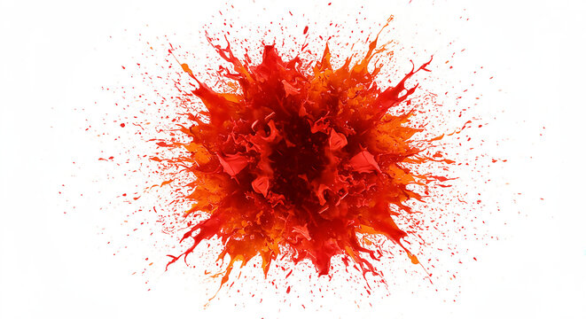 A fiery burst of red and orange dry paint spreading in the center of a white background