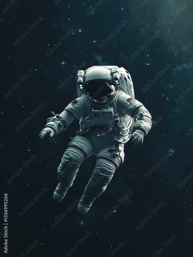 Poster spacewalk scene with astronaut drifting in zero gravity