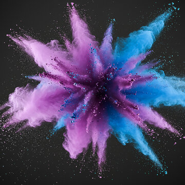 A soft yet energetic burst of purple and blue powders colliding on a neutral gray background