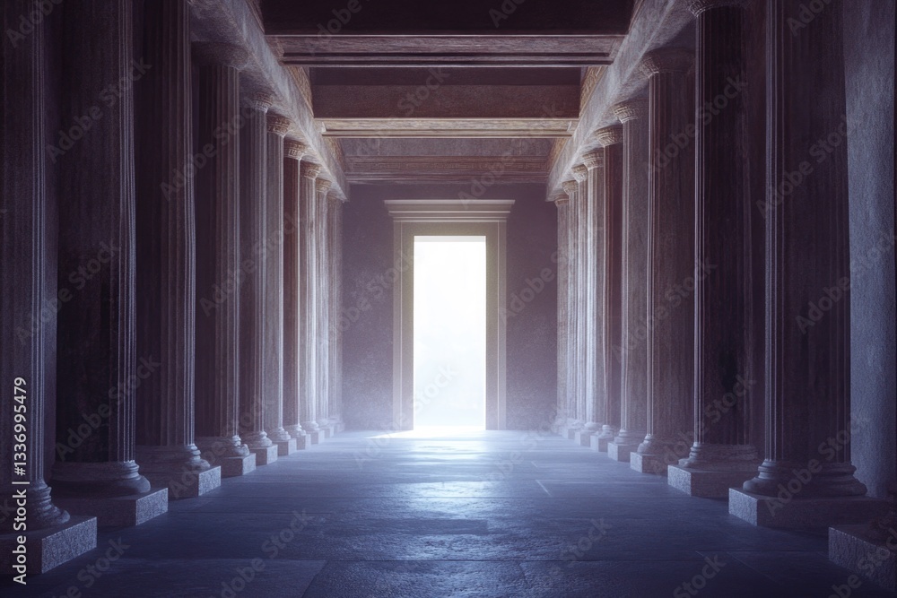 Poster A room with columns and a light at the end, ideal for interior design or architecture concepts