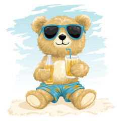 Cute bear illustration relaxing on the beach with sunglasses and cold drinks