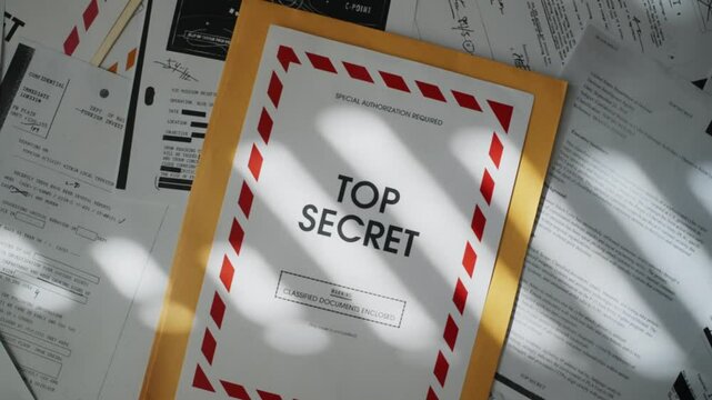 Camera moving up from piles of top secret file documents and envelopes in office. Stack of classified material laid out on desk with window shadow in dark room. Suspicious censored government info