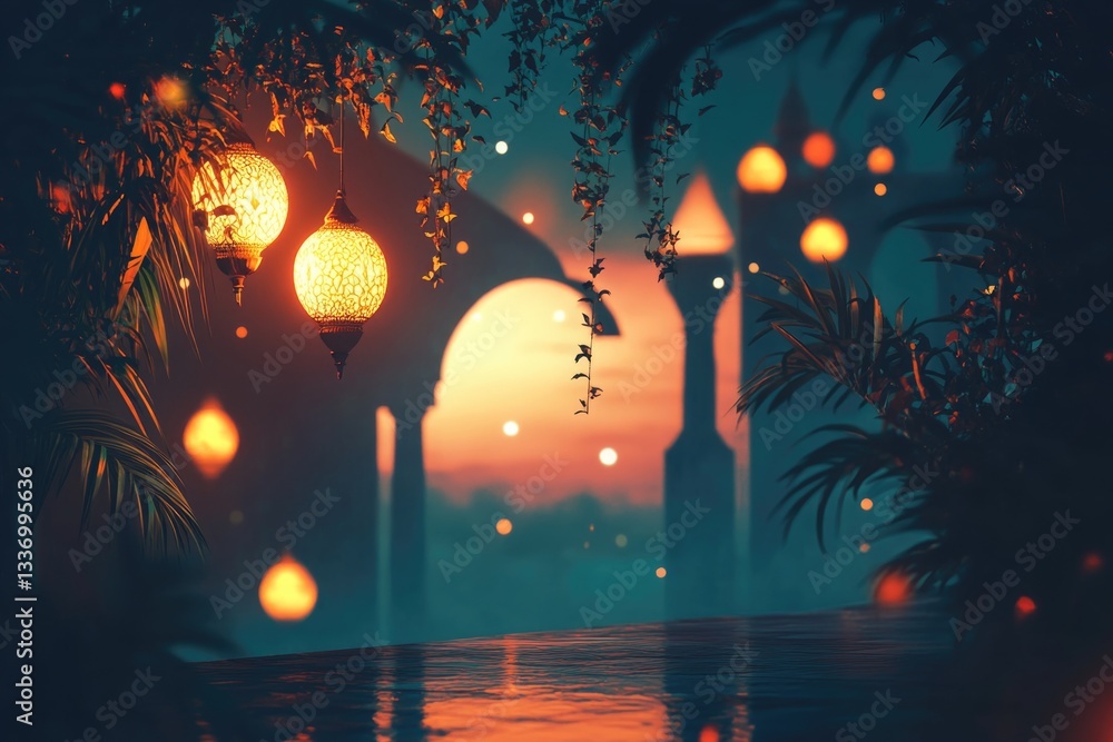 Poster a serene night scene featuring lanterns and trees in the foreground