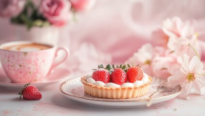 Delicate strawberry tart with a cup of coffee.  Fresh, light dessert on a pastel pink background with flowers