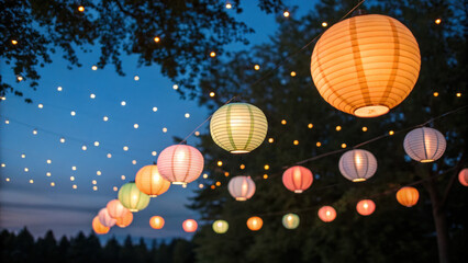 Naklejka premium Colorful lanterns illuminate serene evening, creating magical atmosphere with summer, breeze. Perfect for gatherings