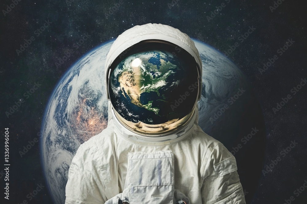 Aufkleber man in space suit standing on planet surface, planetary landscape in background