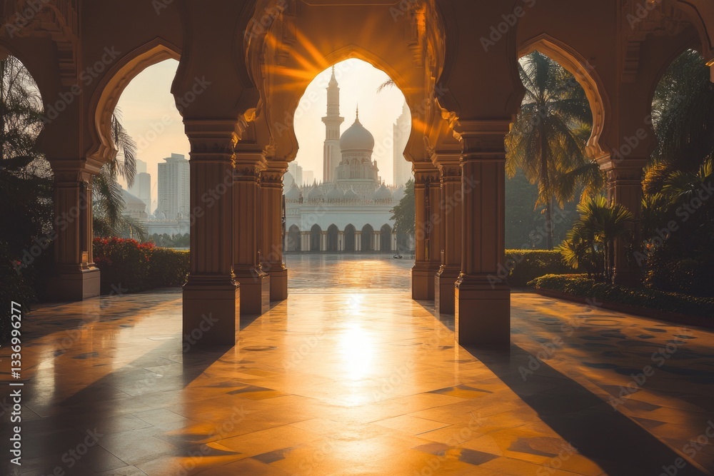 Poster sunlight shining through arches of a building