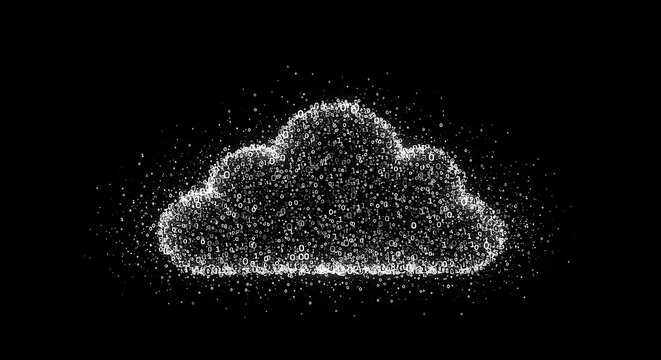 A digital cloud made of binary code fragments, with a soft white glow