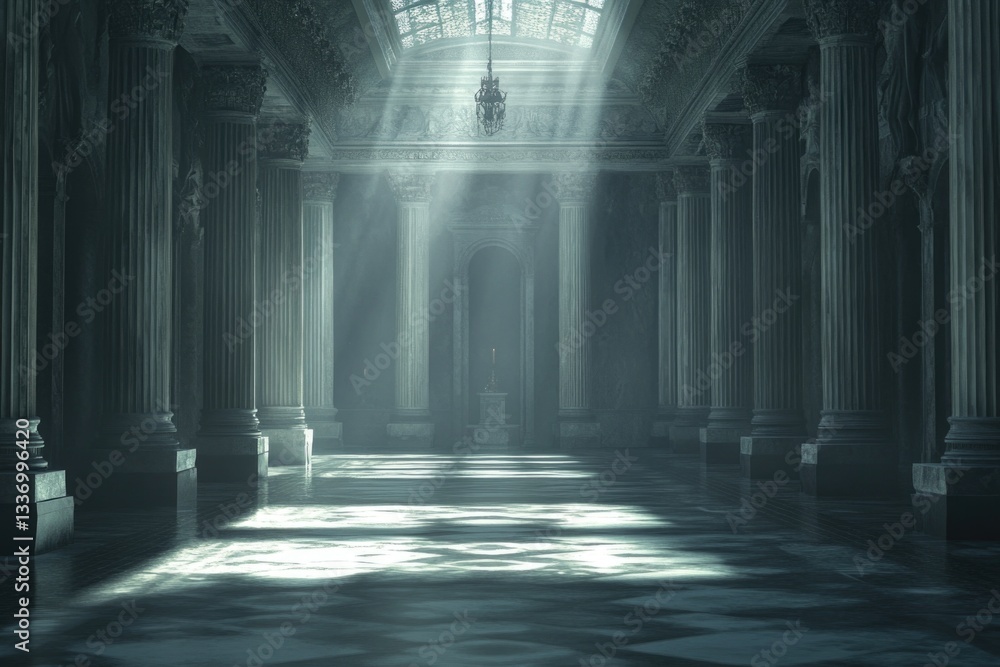 Poster a spacious room with columns and a clock on the wall, perfect for interior design or architectural u