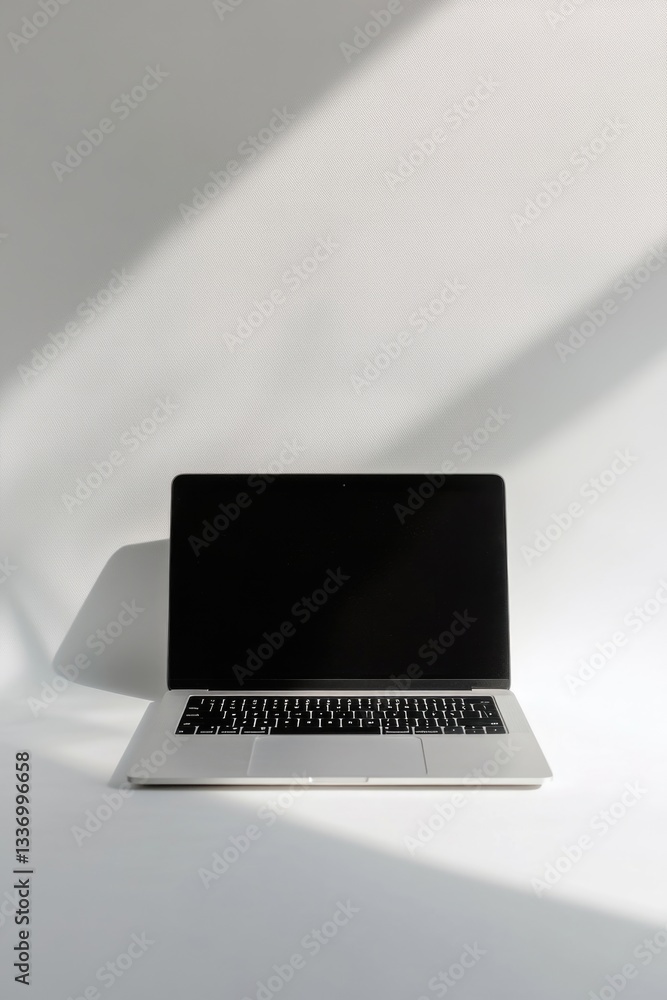 Poster a laptop computer placed on a clean and minimalist white table, ideal for working or presenting