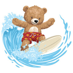 Cute teddy bear surfing on a big ocean wave