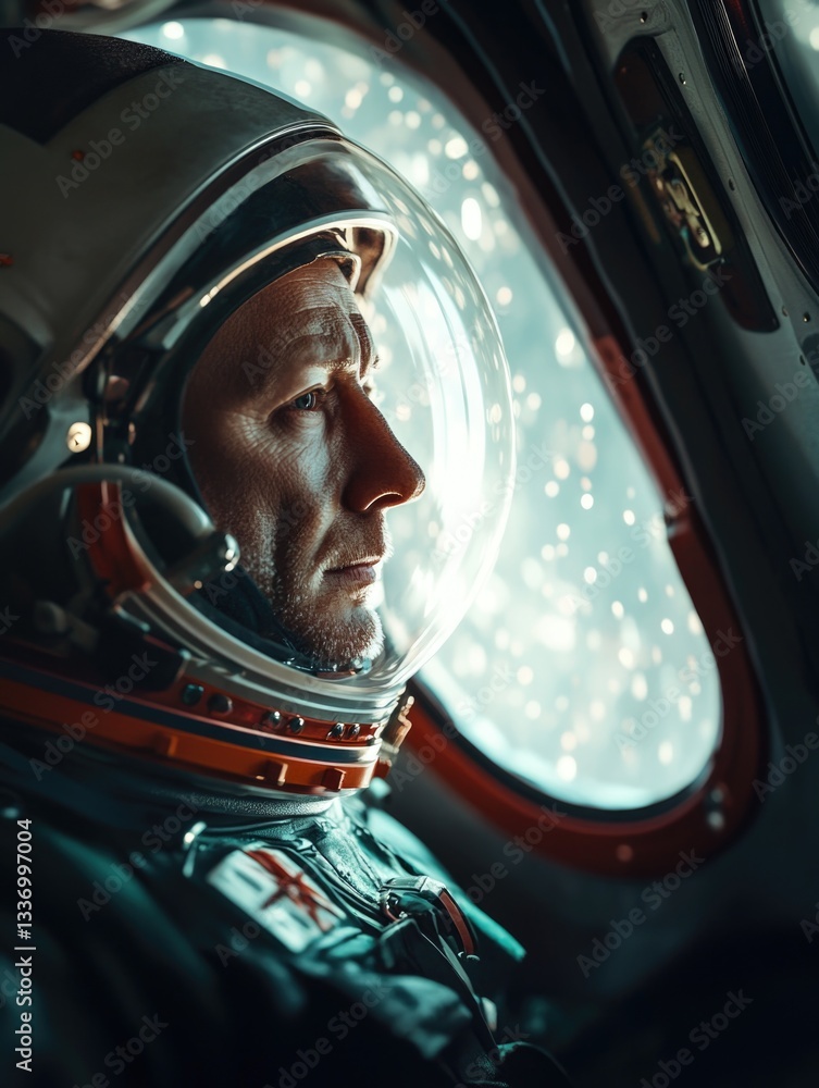 Poster A detailed view of someone wearing a spacesuit, perfect for use in sci-fi illustrations or futuristic concepts