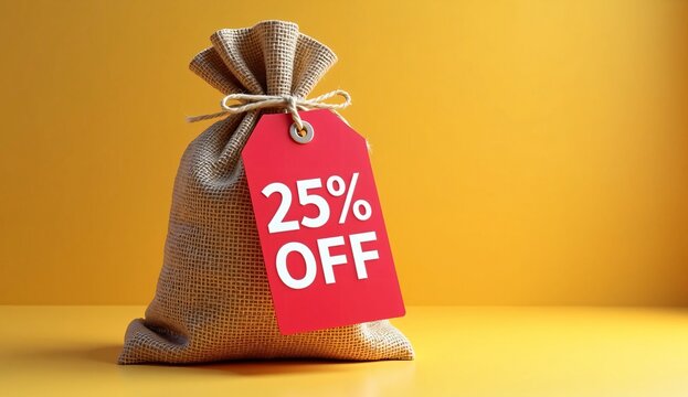 Burlap sack tied with a red tag "25% OFF" against a yellow backdrop, symbolizing discounts and promotions with vibrant colors. - Powered by Adobe