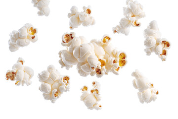 popcorns scattered on a white surface cutout image and isolated on transparent background 