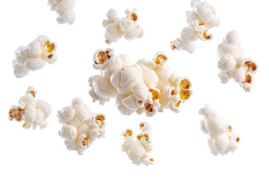 popcorns scattered on a white surface cutout image and isolated on transparent background 
